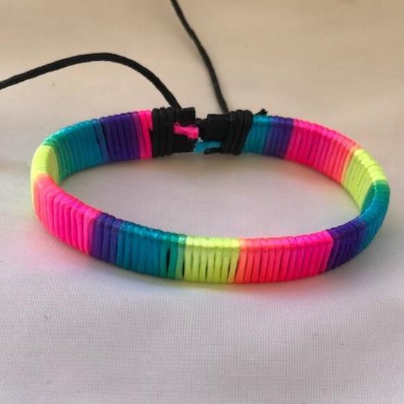 1980's Party On Neon Wrap Braided Leather Handmade Bracelet Adjustable Wristband - Picture 2 of 2